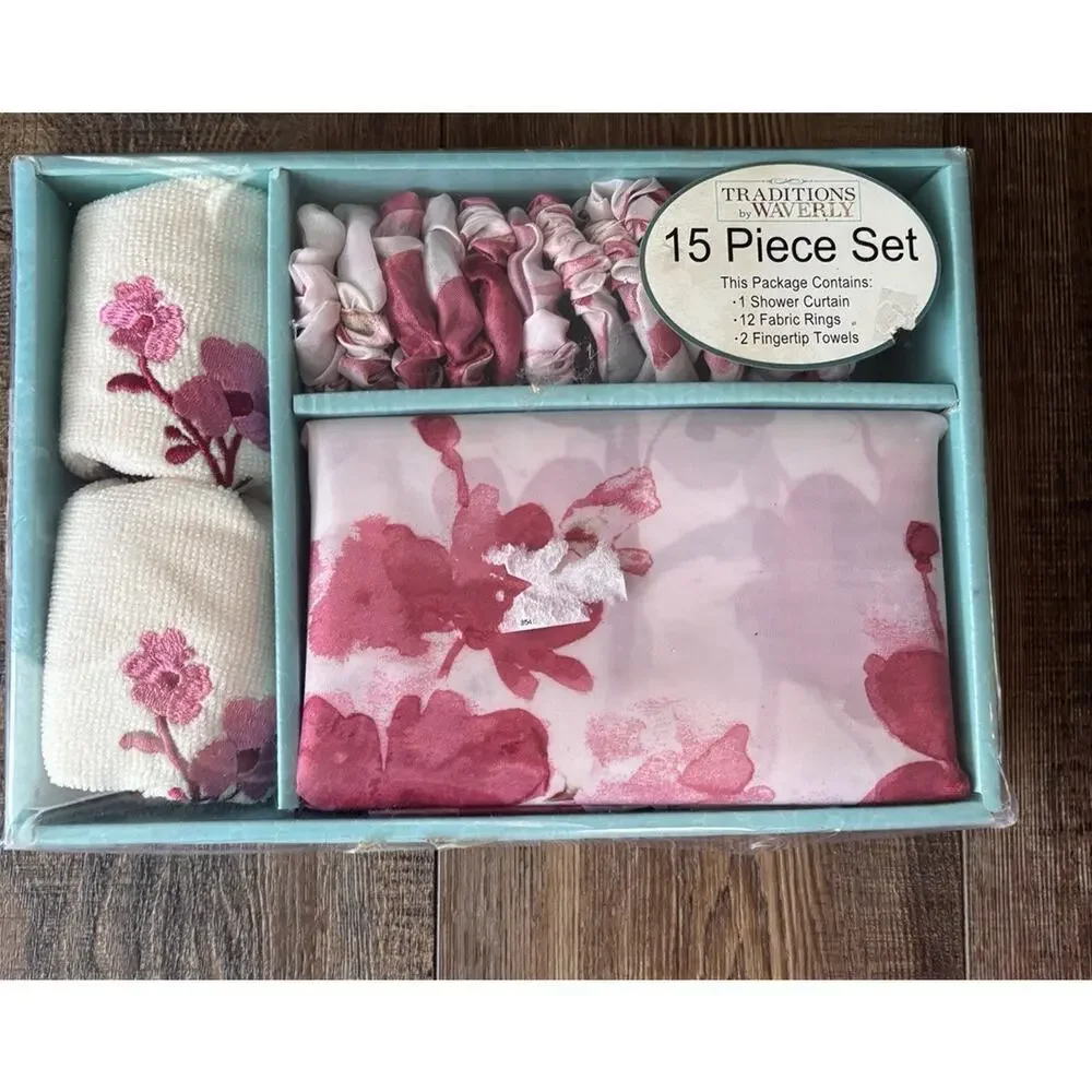 New Traditions Waverly Bathroom Set Shower Curtain Rings Towels Floral Cottage